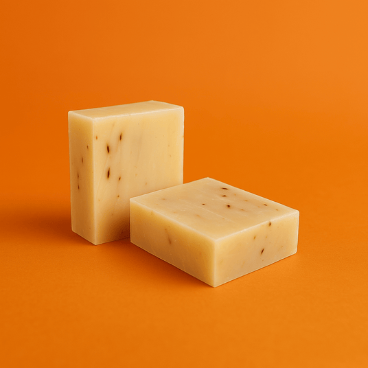 2 High Tide natural hemp soap bars, one standing and another laying on an orange backdrop