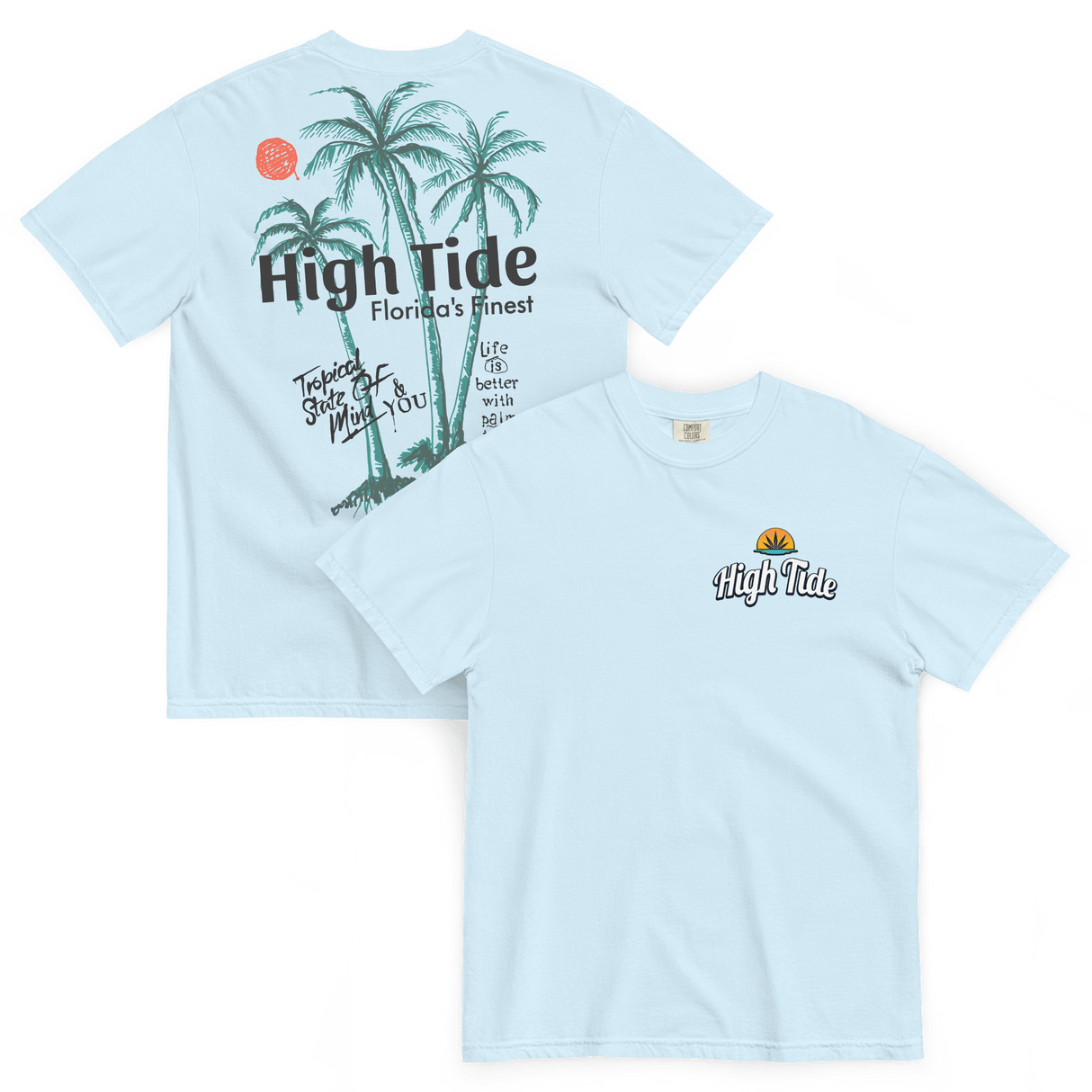 High Tide blue summer palms graphic tee front and back
