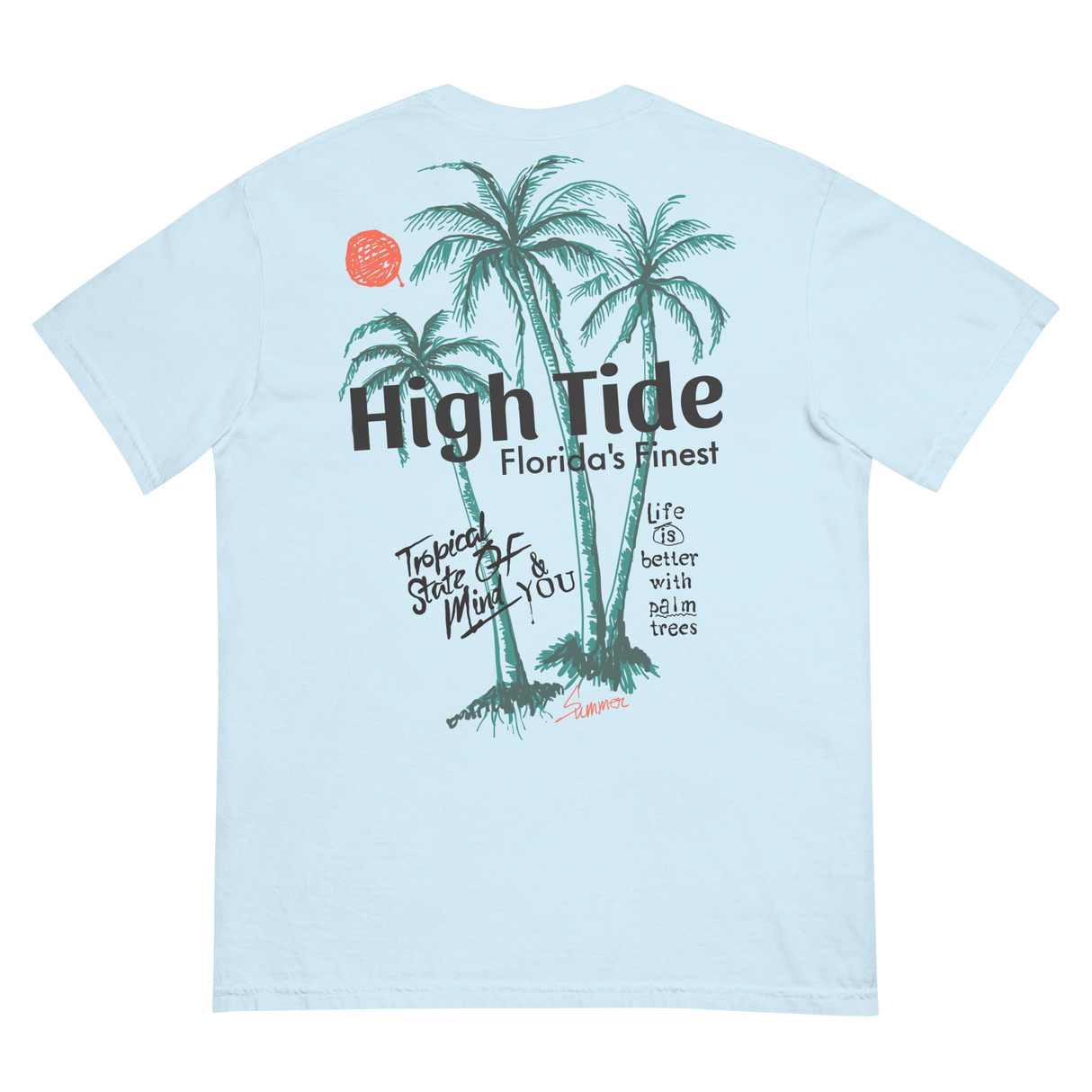 Back of High Tide summer graphic tee with palm trees and says Florida's Finest
