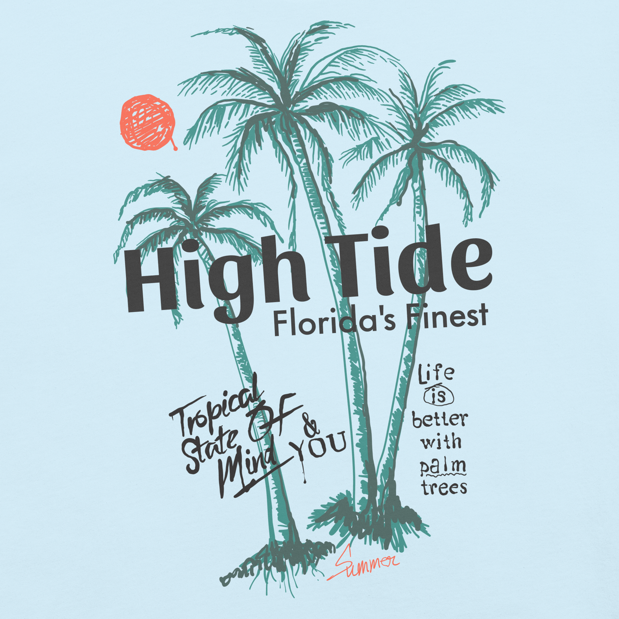 Closeup image of High Tide summer graphic tee with palm trees that say Florida's Finest