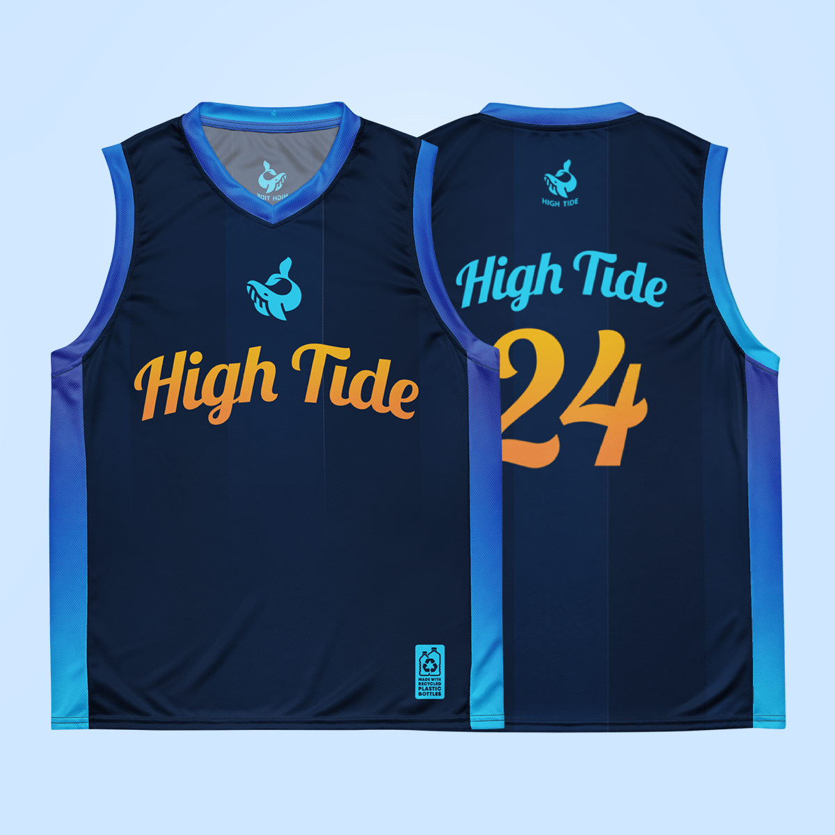 High Tide basketball jersey (2024) on blue backdrop