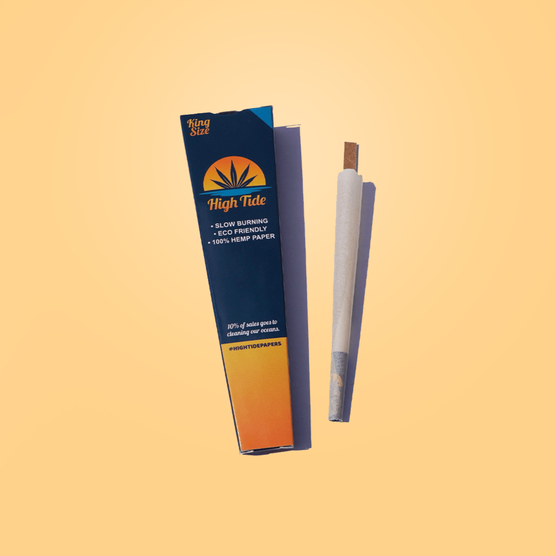 High Tide organic natural hemp paper cones, front packet on orange backdrop