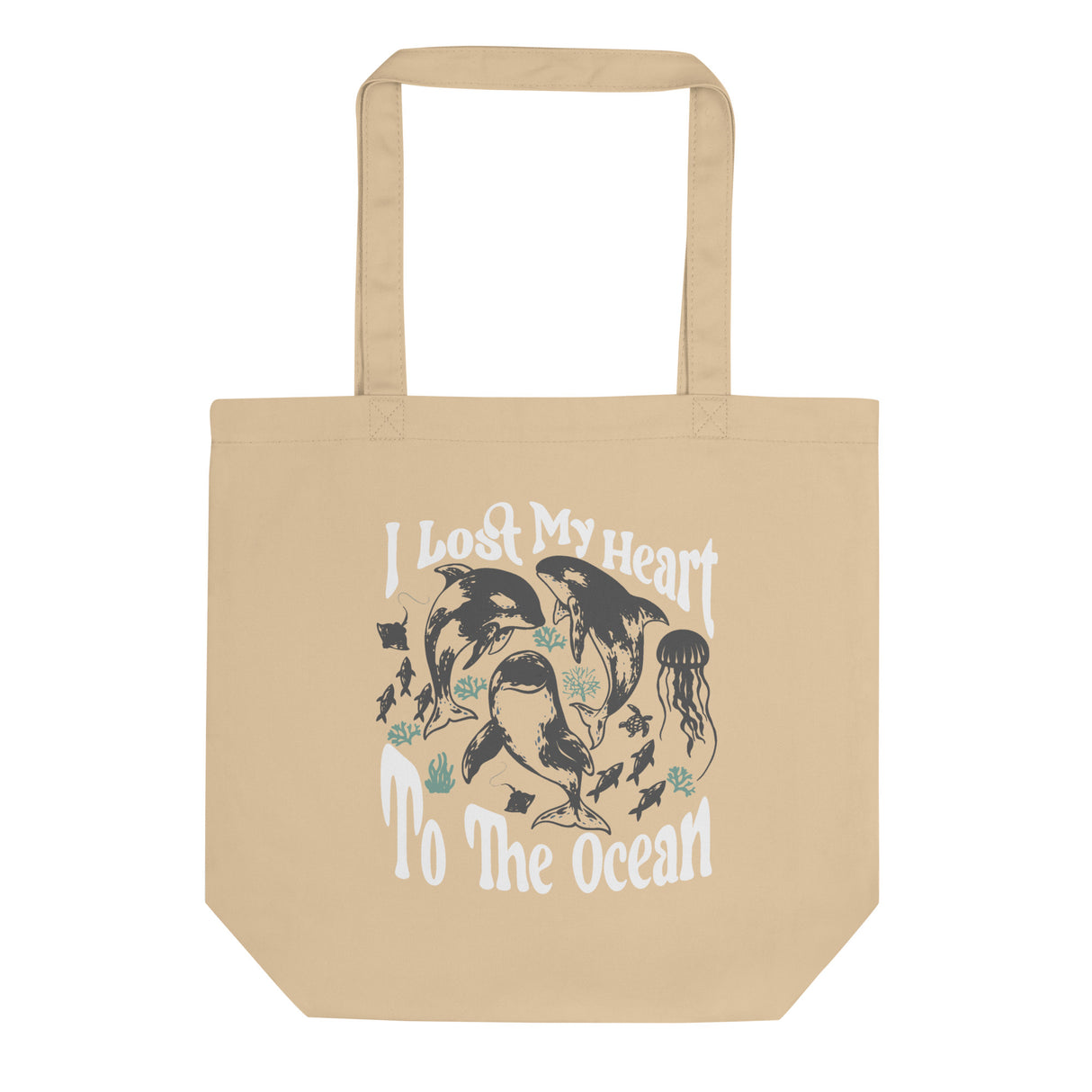 Back of High Tide Eco Tote bag that has a graphic that says "I lost my heart to the ocean" with High Tide text underneath