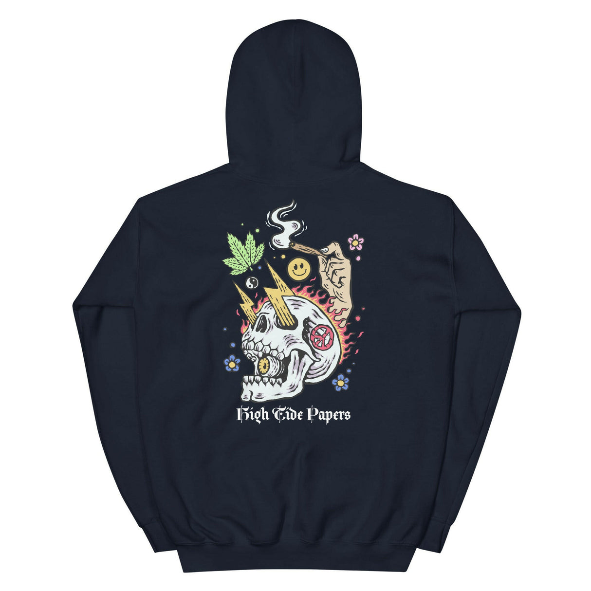 Back of High Tide Graphic Hoodie on a white backdrop