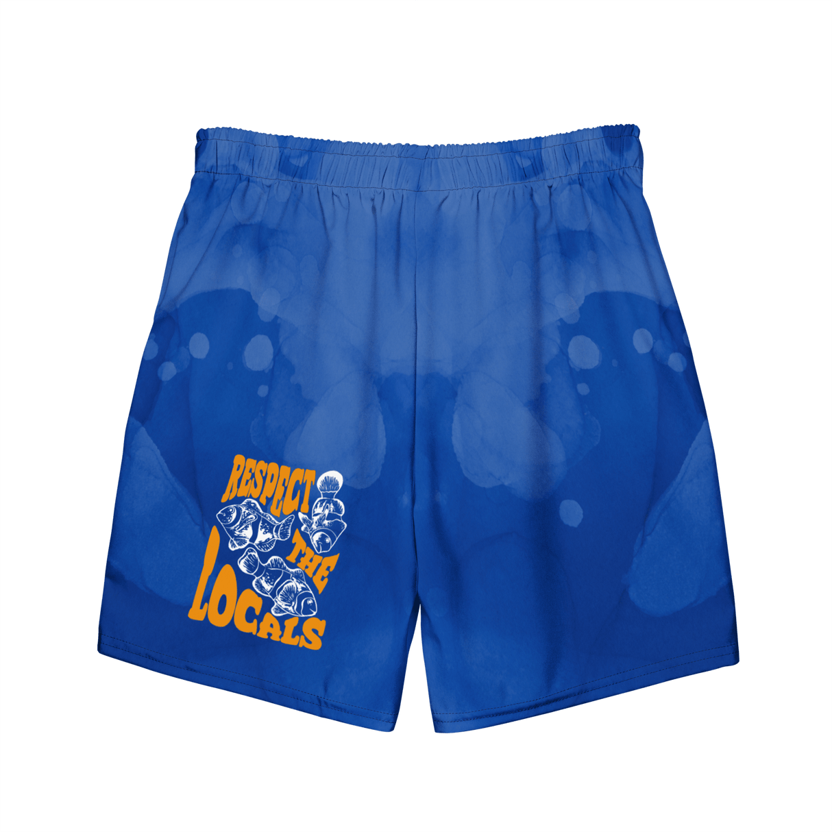 Image of High Tide's recycled swim suit, back of swim trunks say "Respect The Locals". Made of recycled plastic