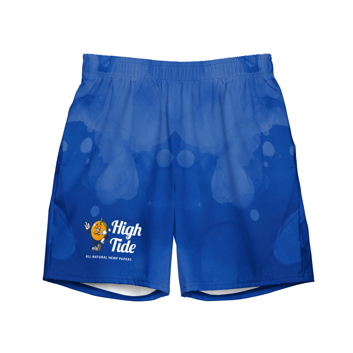 Front image of High Tide recycled swim trunks that have High Tide smoking orange mascot and text that says "High Tide, all natural hemp papers"