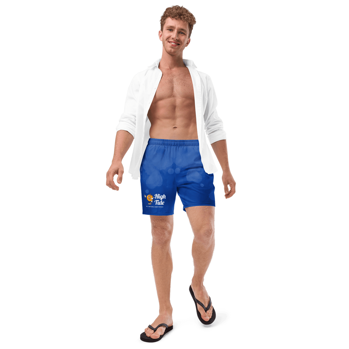 High Tide's Respect the Locals swim trunks made of recycled plastic with High Tide's smoking orange mascot in front