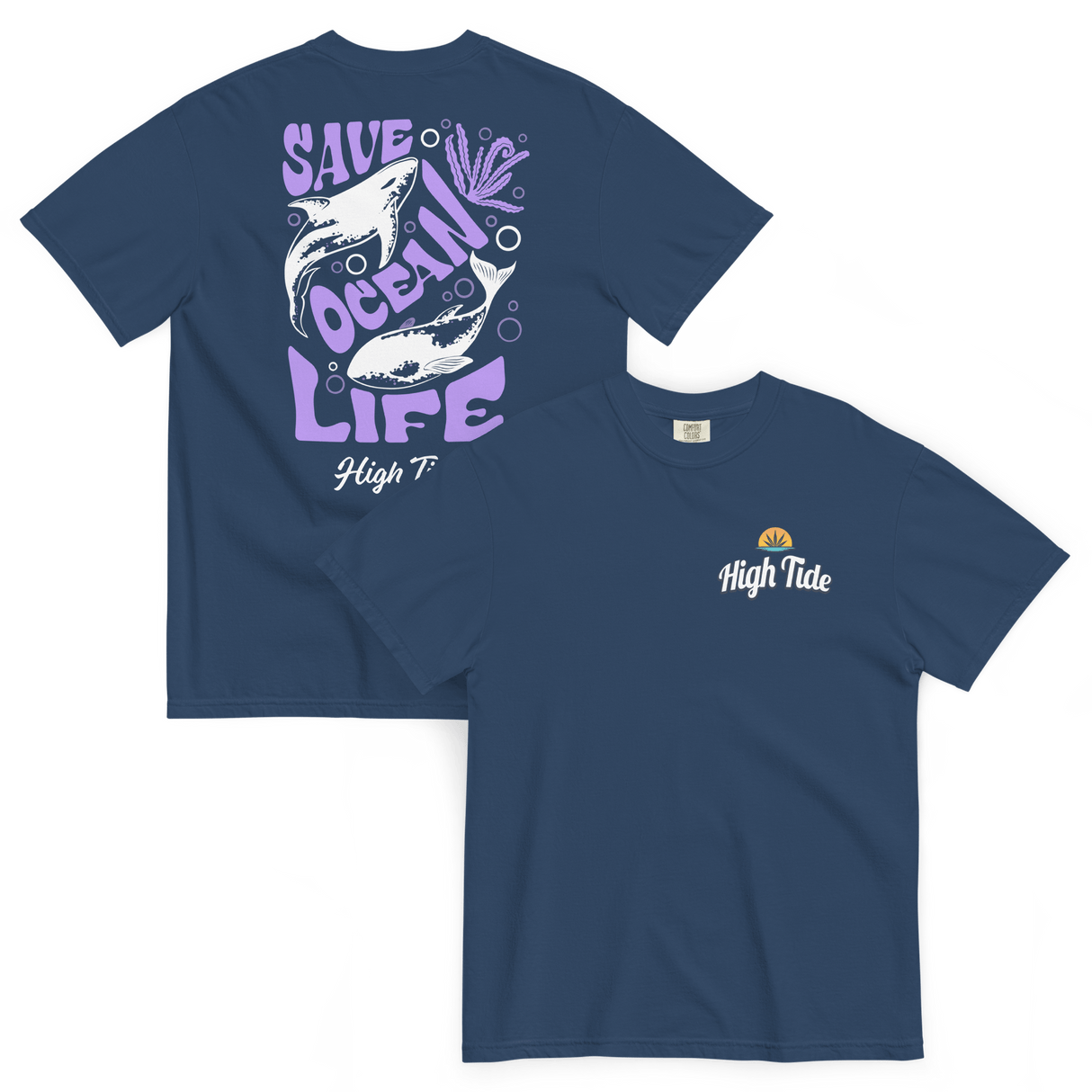 Front and Back images of High Tide's Save Ocean Life graphic tee. High Tide Papers logo on front and the back has whales, text that says High Tide and Save Ocean Life