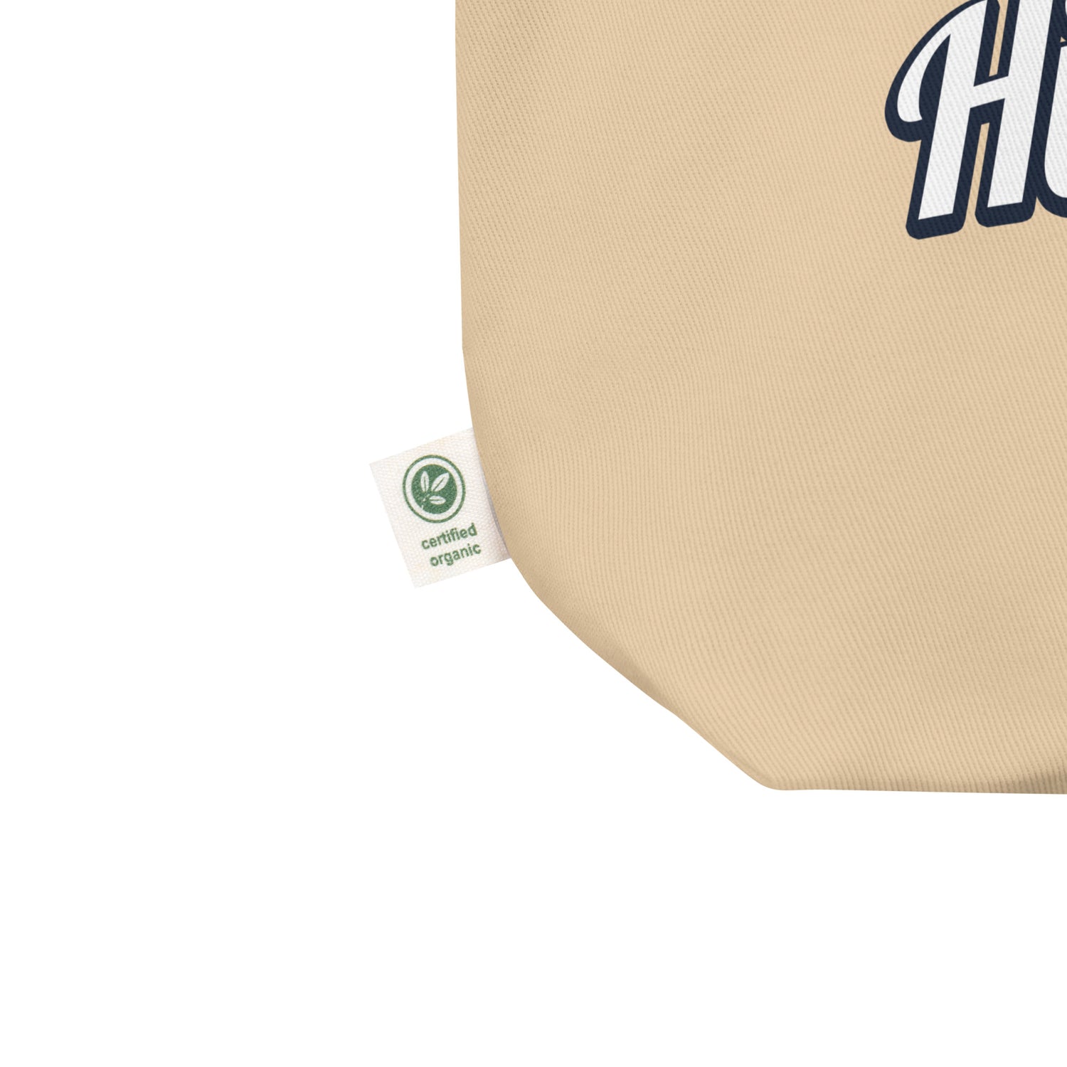 Closeup of tag that says "Certified Organic" on High Tide's eco tote bag