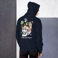 Model showing the back of High Tide Graphic Hoodie with a grey wall backdrop.
