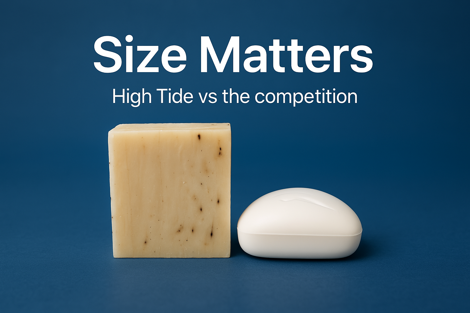 High Tide organic hemp soap standing next to a competitor soap bar that is much smaller. Text above both soap bars that says "Size Matters"