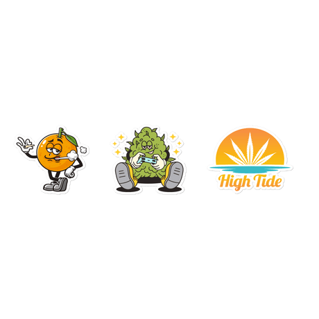 Sticker pack with High Tide Papers logo, High Tide Gaming cannabis icon, and Jack Citrus, High Tide's smoking orange mascot