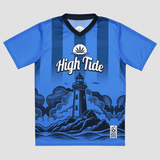 High Tide recycled soccer jersey (2025) laying on a white backdrop