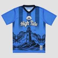High Tide recycled soccer jersey (2025) laying on a white backdrop