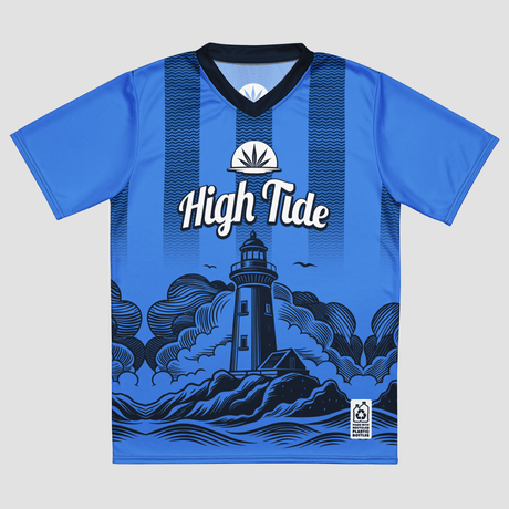 High Tide recycled soccer jersey (2025) laying on a white backdrop