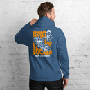 Model wearing High Tide Respect the Locals graphic hoodie with a white brick wall in background